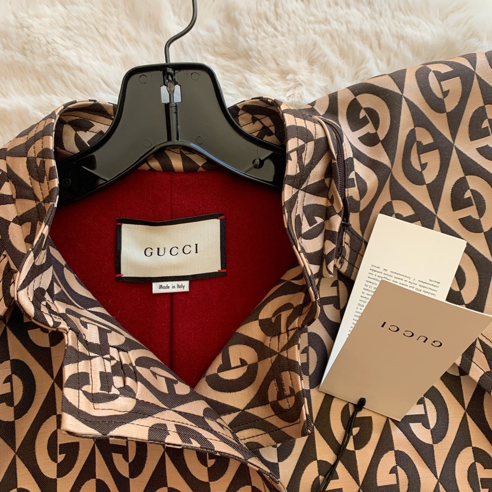 New authentic Gucci jacket Rhombus Belted Trench Coat brown 44  Large sz 8 - Picture 10 of 16